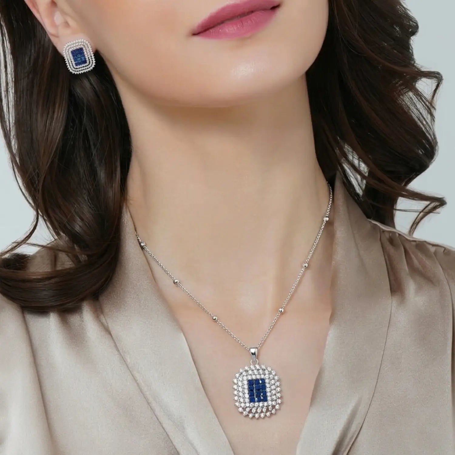 Luxury Pure Silver Blue CZ Square Pendant Set with Earrings - Made With Pure 925 Silver