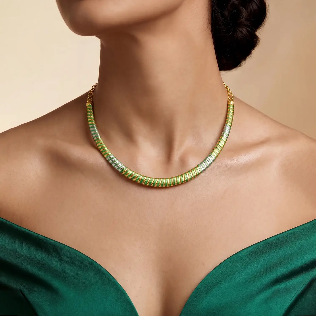 Elegant Green & Gold Spiral Design Silver Necklace - Made With Pure 925 Silver