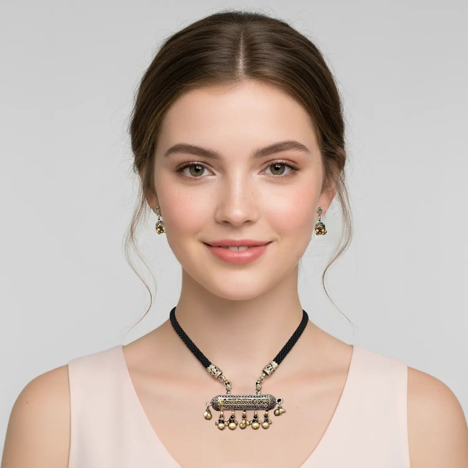 Antique Silver Cylindrical Pendant Necklace Set with Pearl Drops- Made With Pure 925 Silver