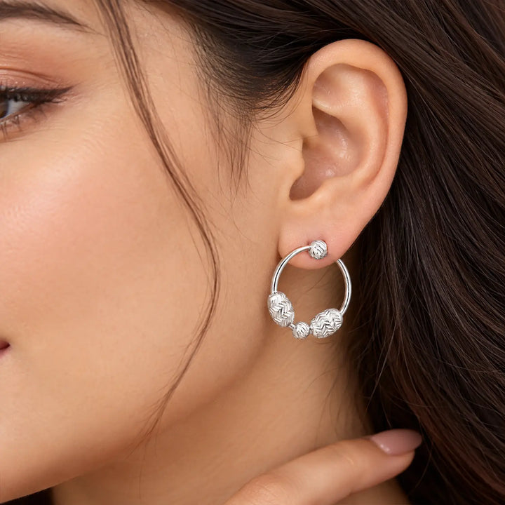 Textured Bead Accent Oval Hoop 925 Silver Earrings - Made With Pure 925 Silver