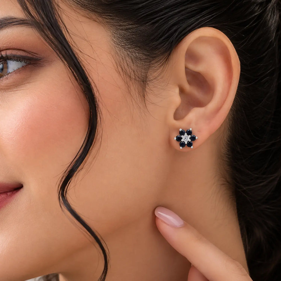 Black Floral Gemstone Silver Stud Earrings - Made With Pure 925 Silver