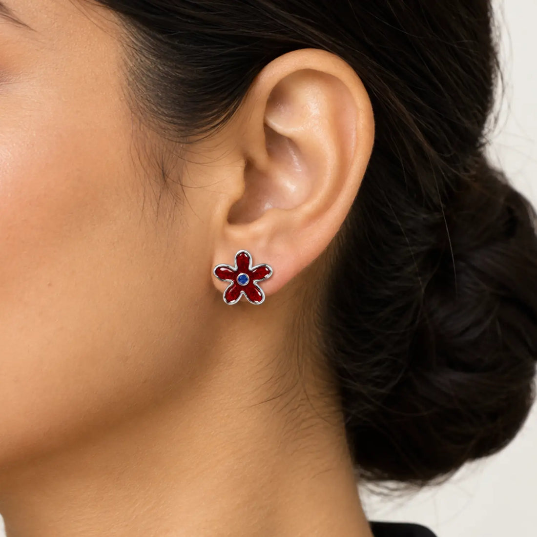 Purple Floral Enamel Silver Stud Earrings - Made With Pure 925 Silver