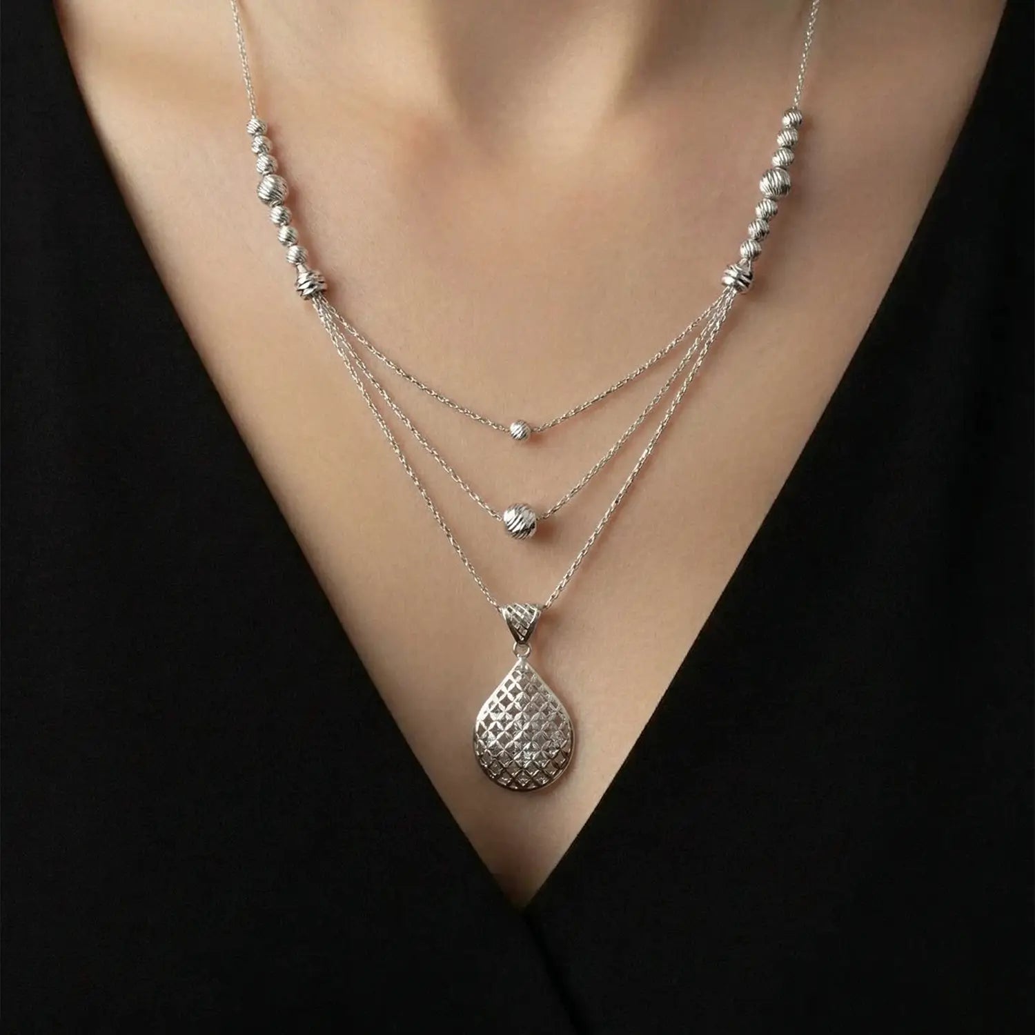 Elegant Layered Drop Pure Silver Necklace Set- Made With Pure 925 Silver