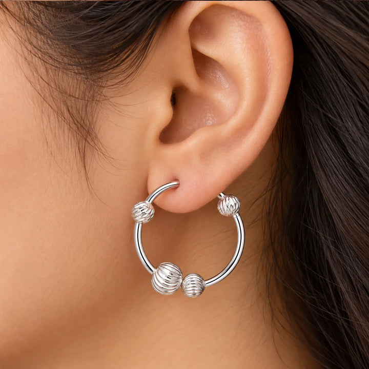 Textured Beaded Circle Hoop 925 Silver Earrings - Made With Pure 925 Silver