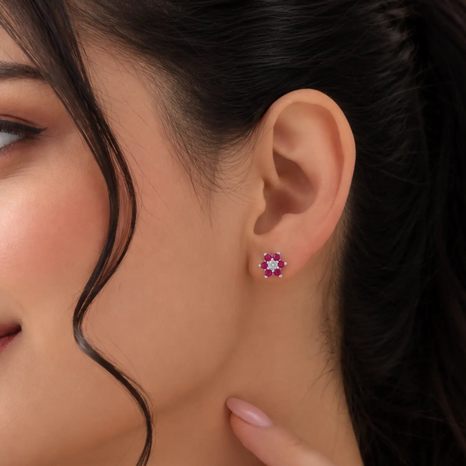 Black Floral Gemstone Silver Stud Earrings - Made With Pure 925 Silver