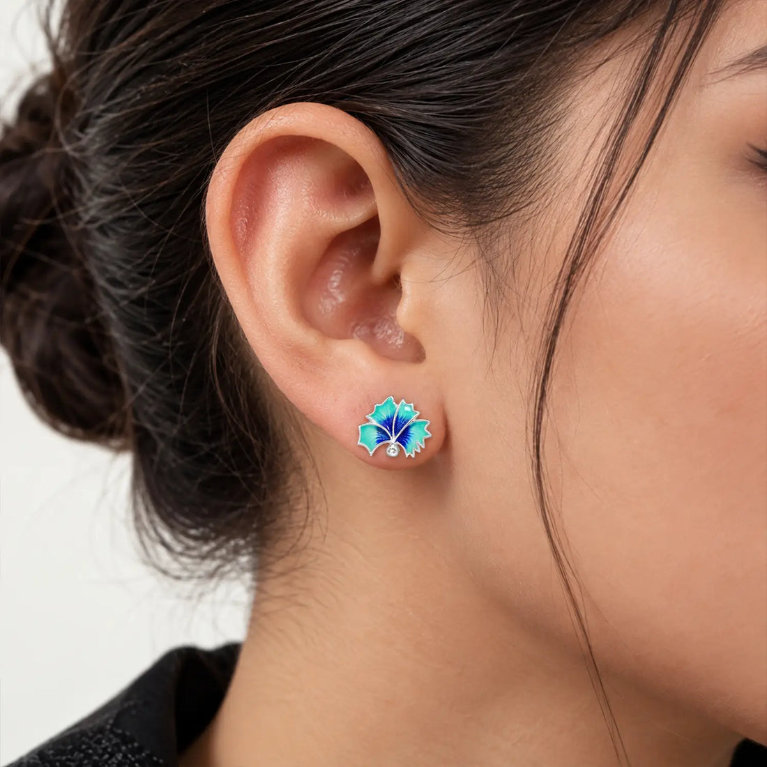 Blue Enamel Floral Silver Stud Earrings - Made With Pure 925 Silver