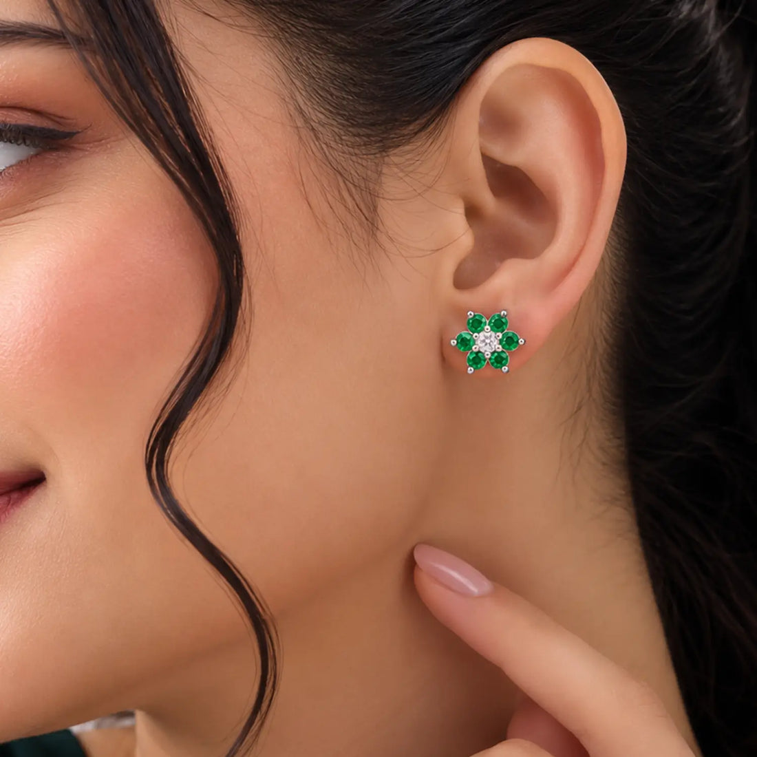 Black Floral Gemstone Silver Stud Earrings - Made With Pure 925 Silver