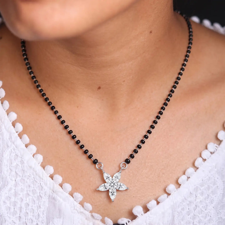 Elegant Floral Black Bead Mangalsutra - Made With Pure 925 Silver