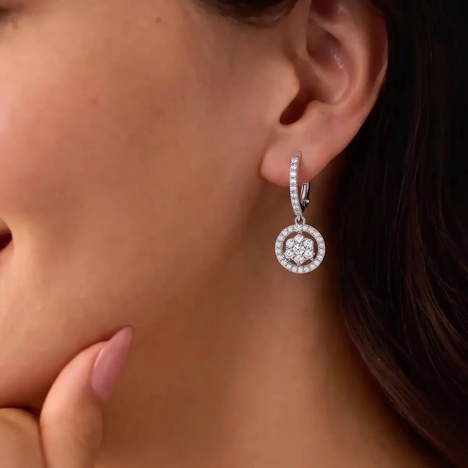 Elegant Floral Halo Drop Silver Earrings - Made With Pure 925 Silver