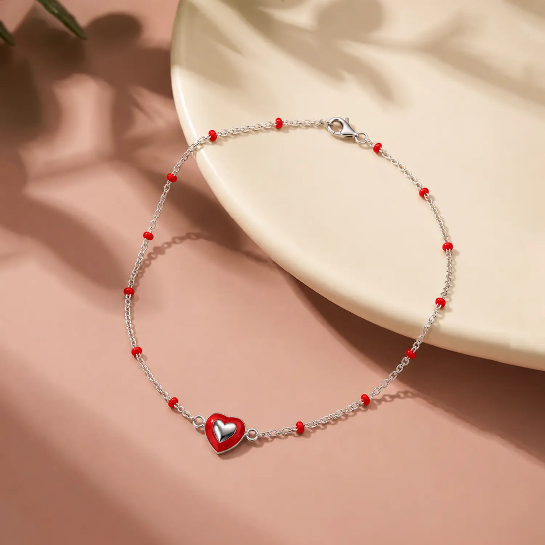 Red Heart Beaded Pure Silver Anklet- Made With Pure 925 Silver