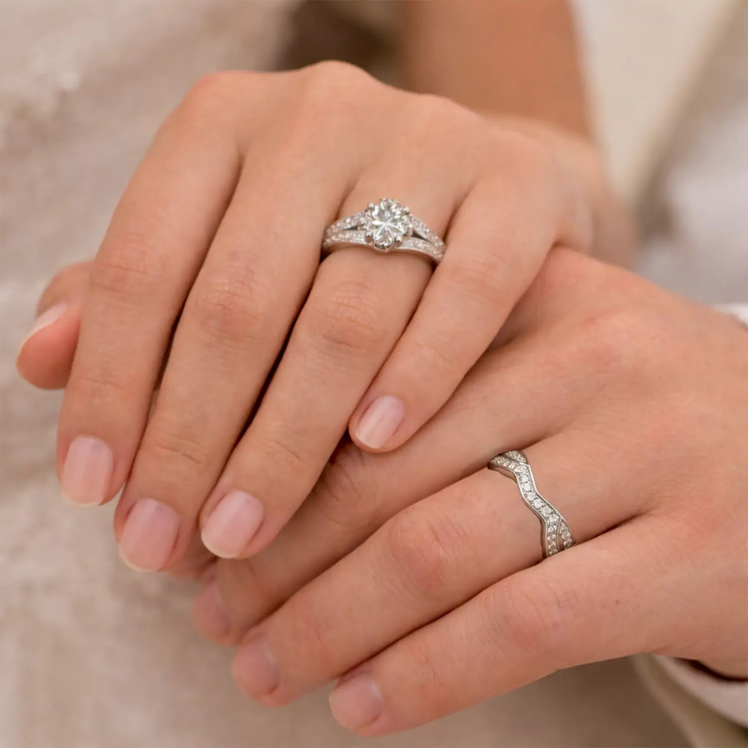 Silver Diamond Couple Ring  Set - Made With Pure 925 Silver
