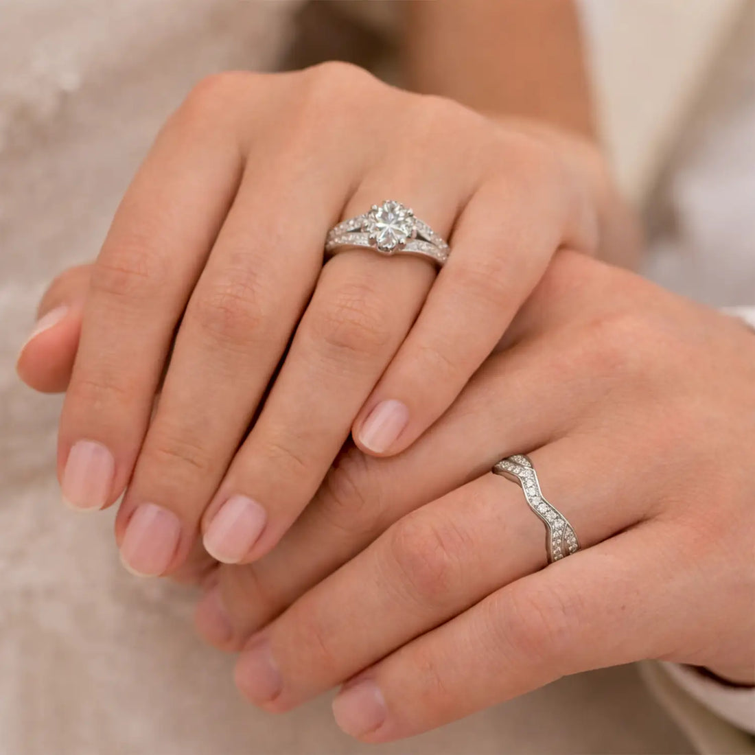 Silver Diamond Couple Ring  Set - Made With Pure 925 Silver