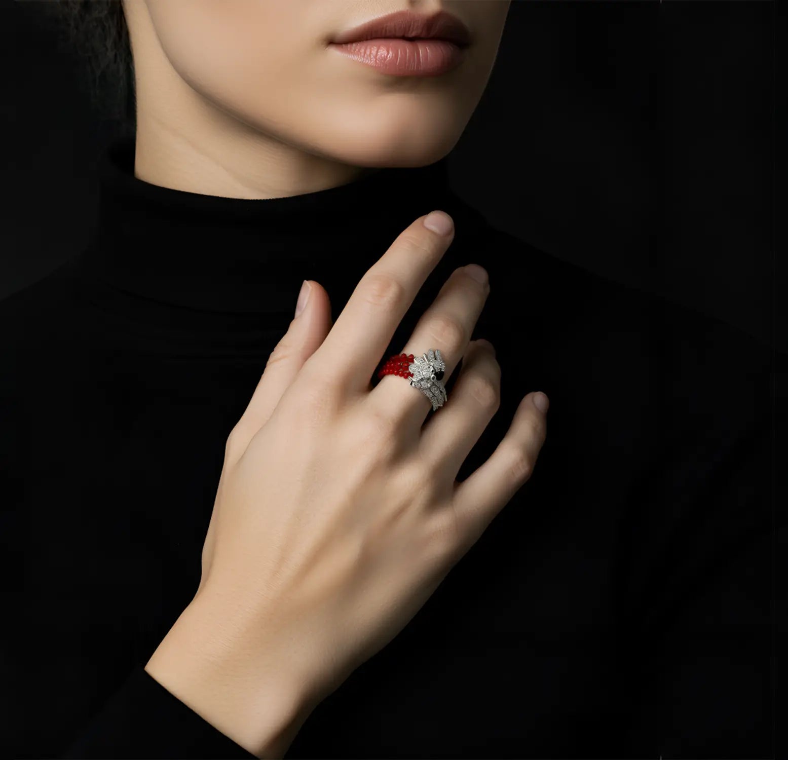 Pure Parrot Ring with Red Beads - Made With 925 Silver