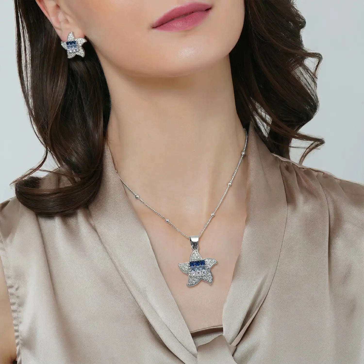 Sparkling Blue Floral 925 Silver Pendant Set - Made With Pure 925 Silver