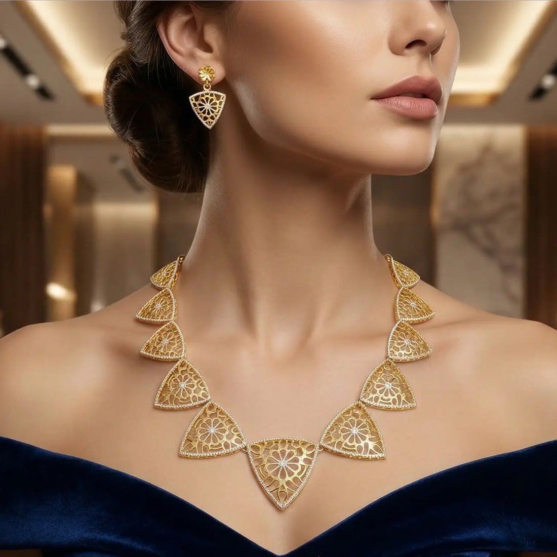 Floral Cutwork Gold Finish Pure Silver Necklace Set- Made With Pure 925 Silver