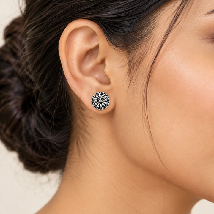 Classic Floral Oxidised Silver Stud Earrings - Made With Pure 925 Silver