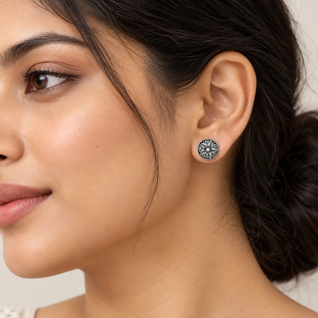 Vintage Leaf Motif Oxidised Silver Stud Earrings - Made With Pure 925 Silver