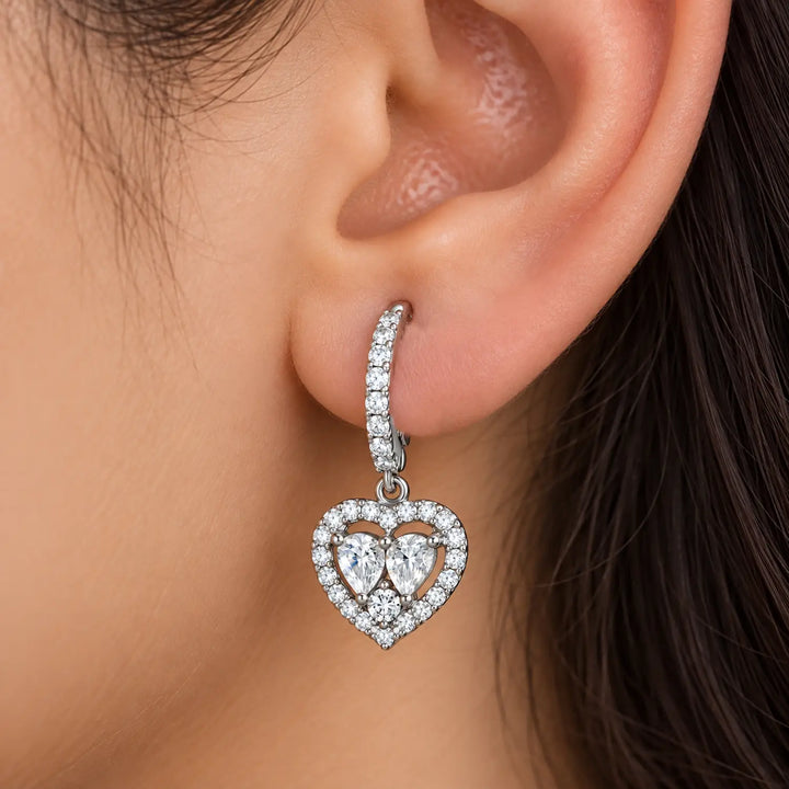 Elegant Double Heart Sparkle Silver Drop Earrings - Made With Pure 925 Silver