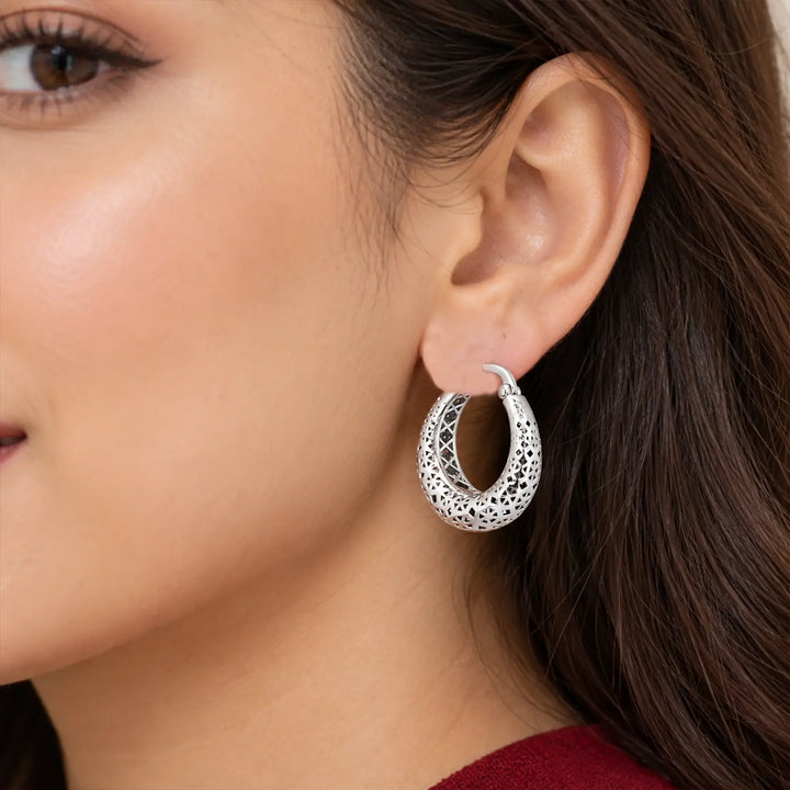Elegant Textured Hoop 925 Silver Earrings - Made With Pure 925 Silver