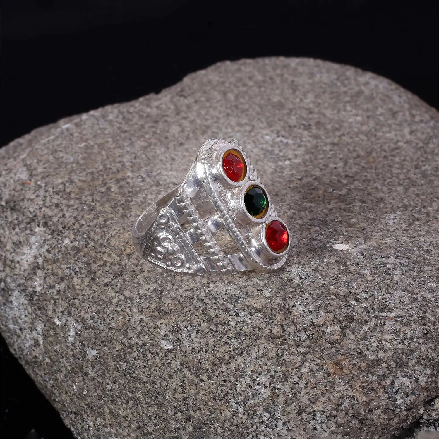 Silver Tribal Ring with Red & Green Stones- Made With Pure 925 Silver