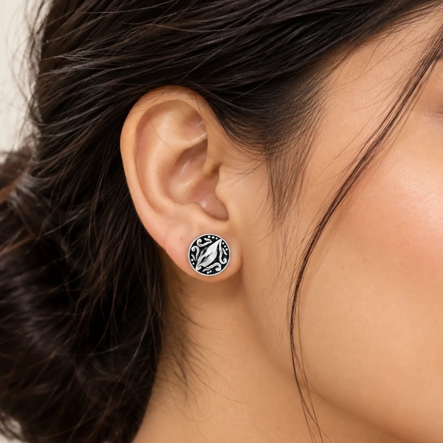 Vintage Leaf Motif Oxidised Silver Stud Earrings - Made With Pure 925 Silver