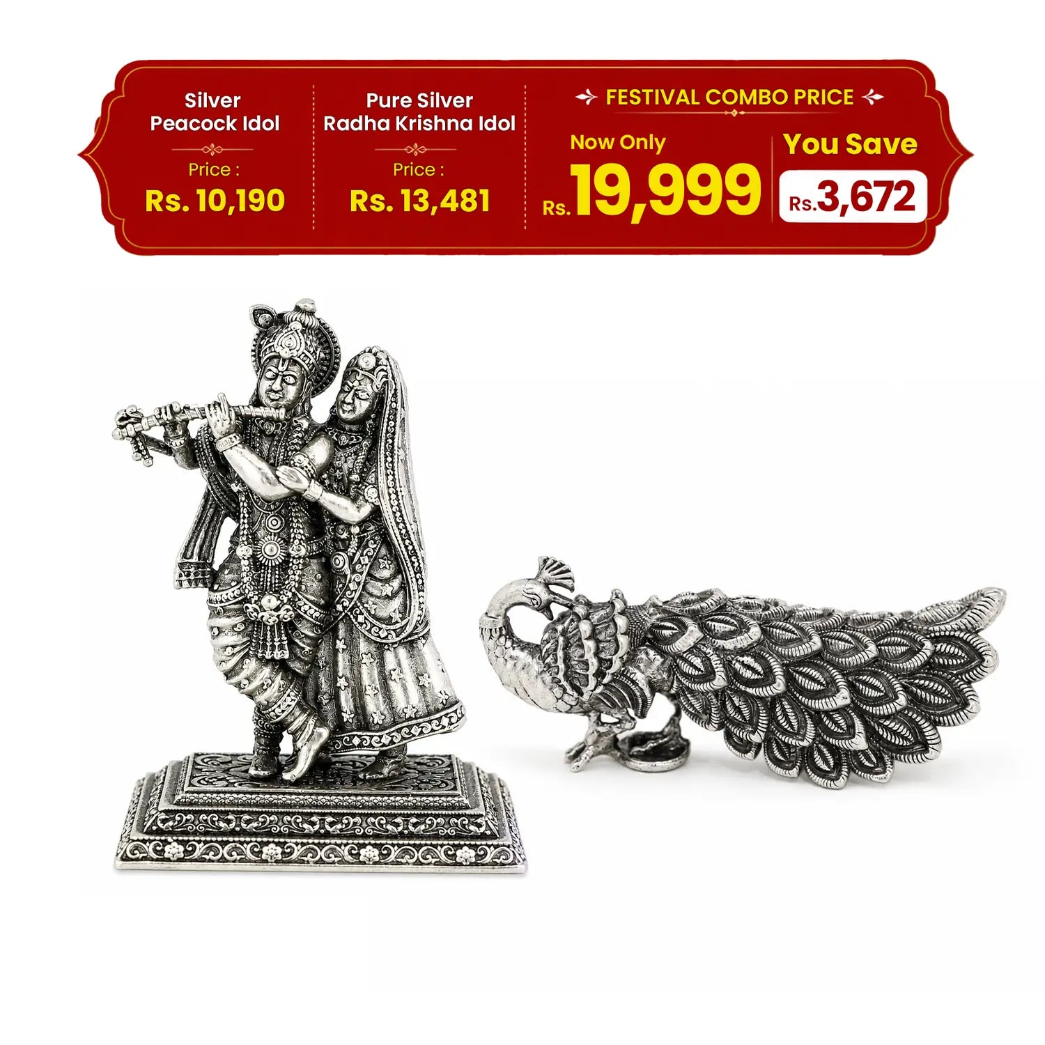 Silver Peacock & Radha Krishna Idol Festival Combo - Made With Pure 925 Silver