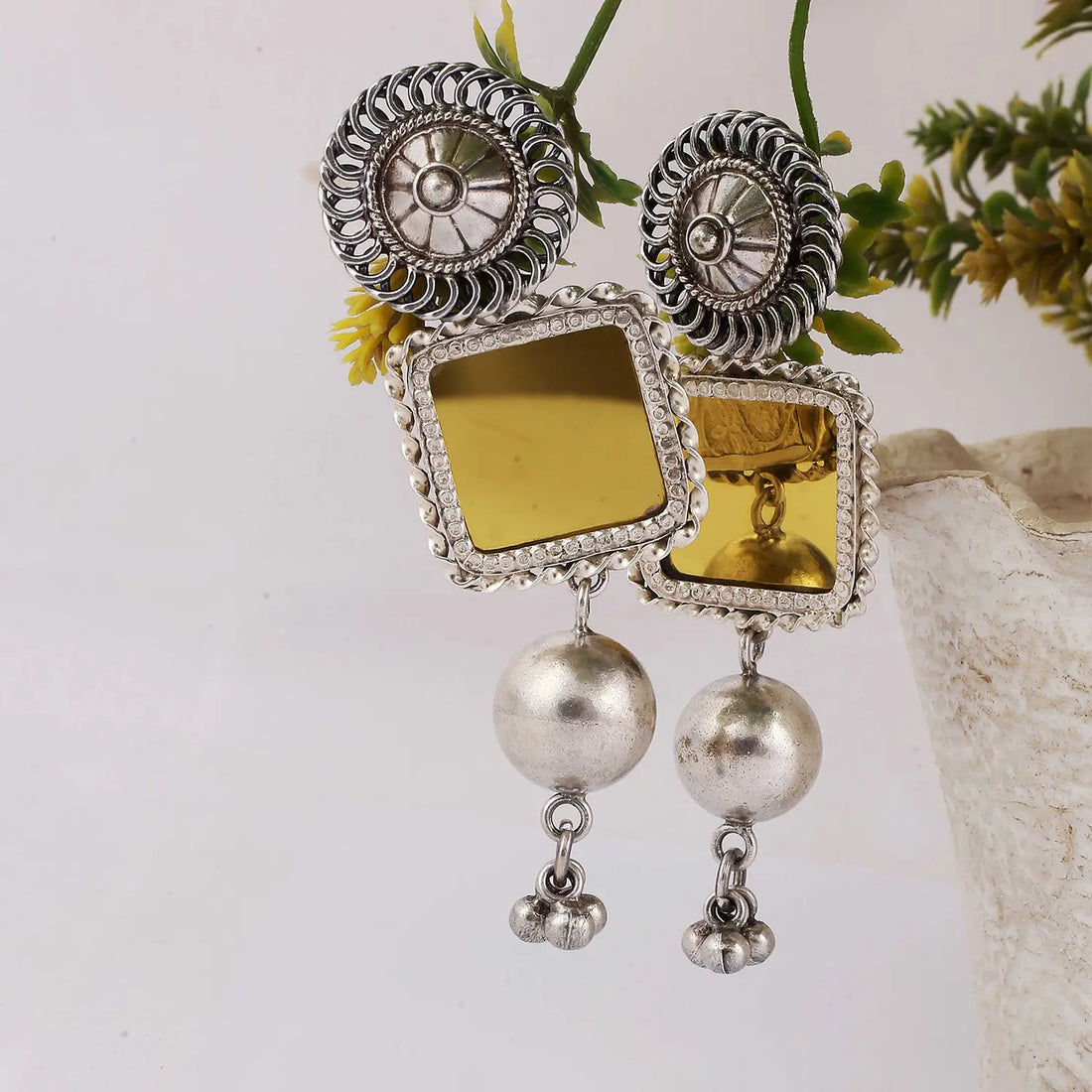 Antique Silver Square Earrings with Pearl Drops- Made With Pure 925 Silver