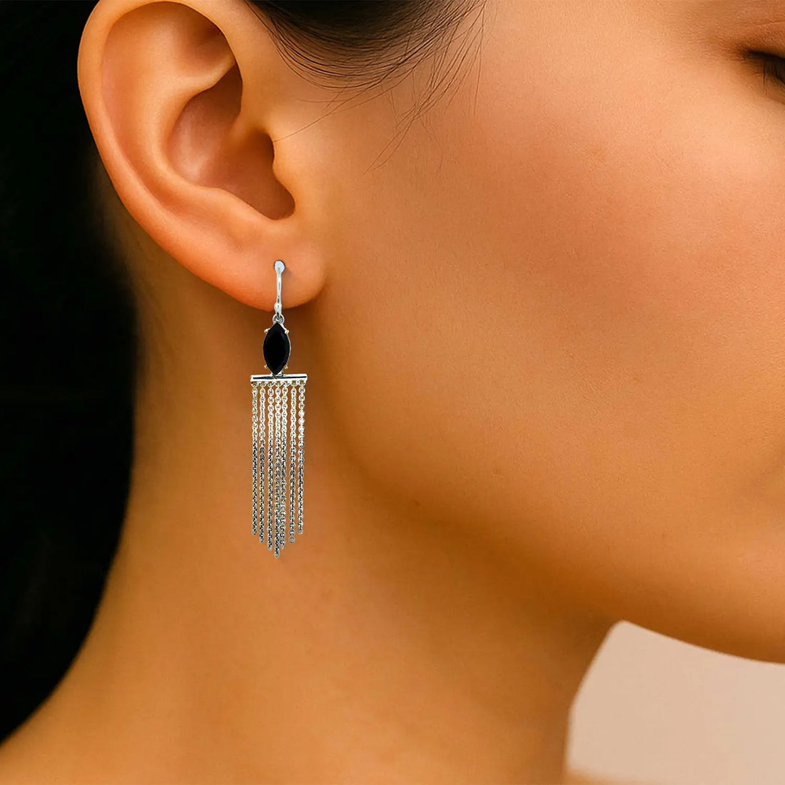 Pure Silver Chain Tassel Earrings with Black Stone- Made With Pure 925 Silver