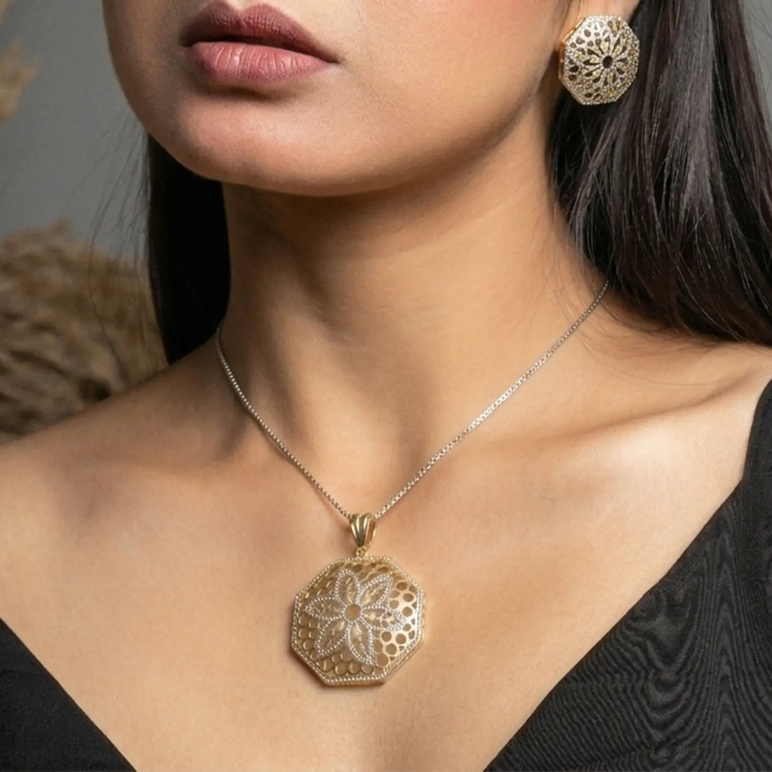 Premium Gold Polish Pure Silver Floral Hexagon Pendant Set with Earrings - Made With Pure 925 Silver