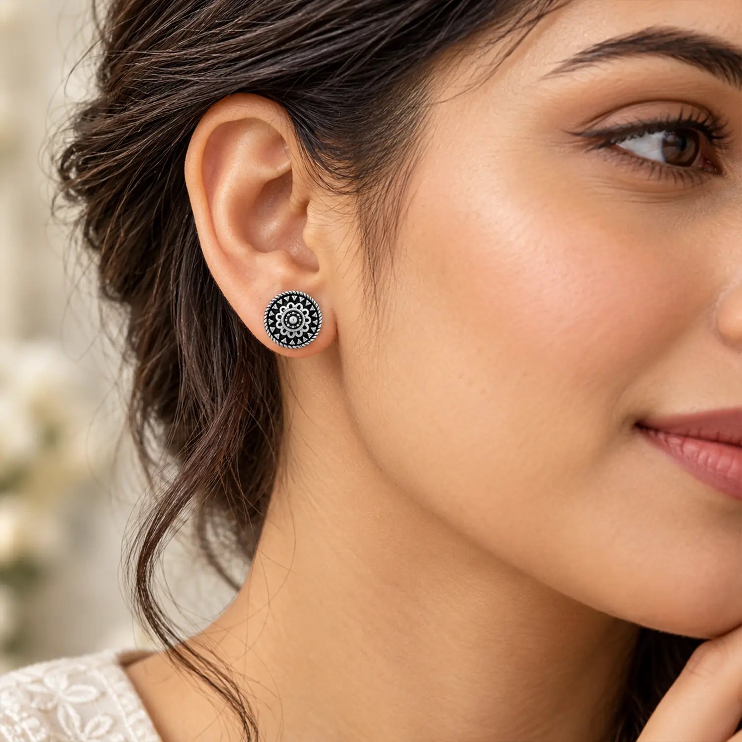 Heritage Mandala Oxidised Silver Stud Earrings - Made With Pure 925 Silver