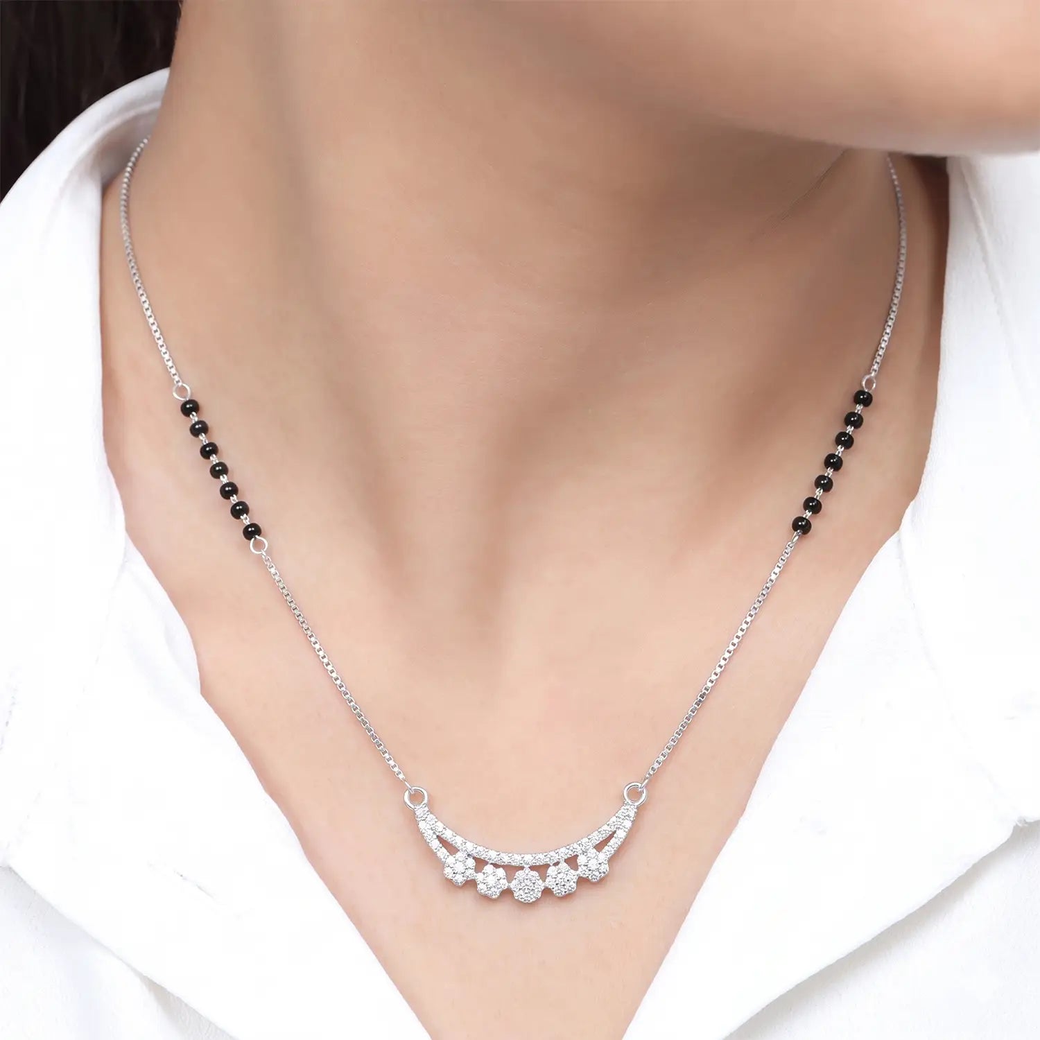 Elegant Floral CZ Silver Mangalsutra - Made With Pure 925 Silver