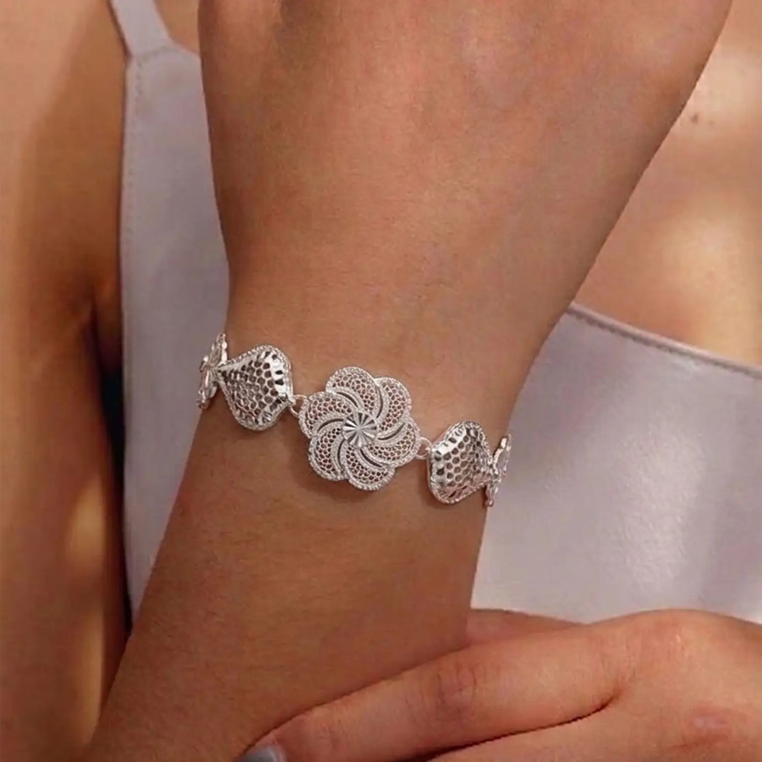 Designer Floral Sterling Silver Bracelet - Made With Pure 925 Silver