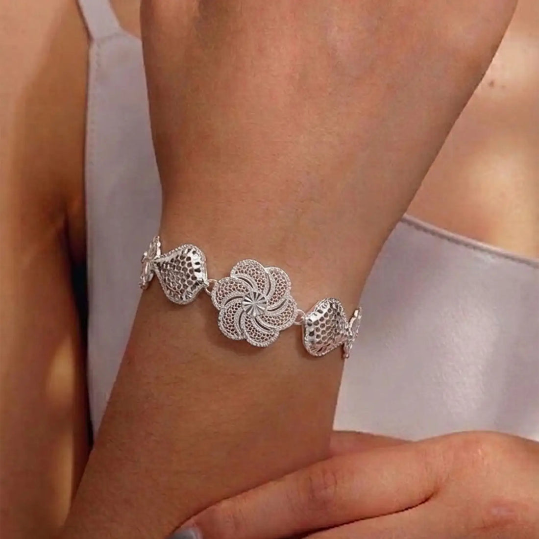 Designer Floral Sterling Silver Bracelet - Made With Pure 925 Silver