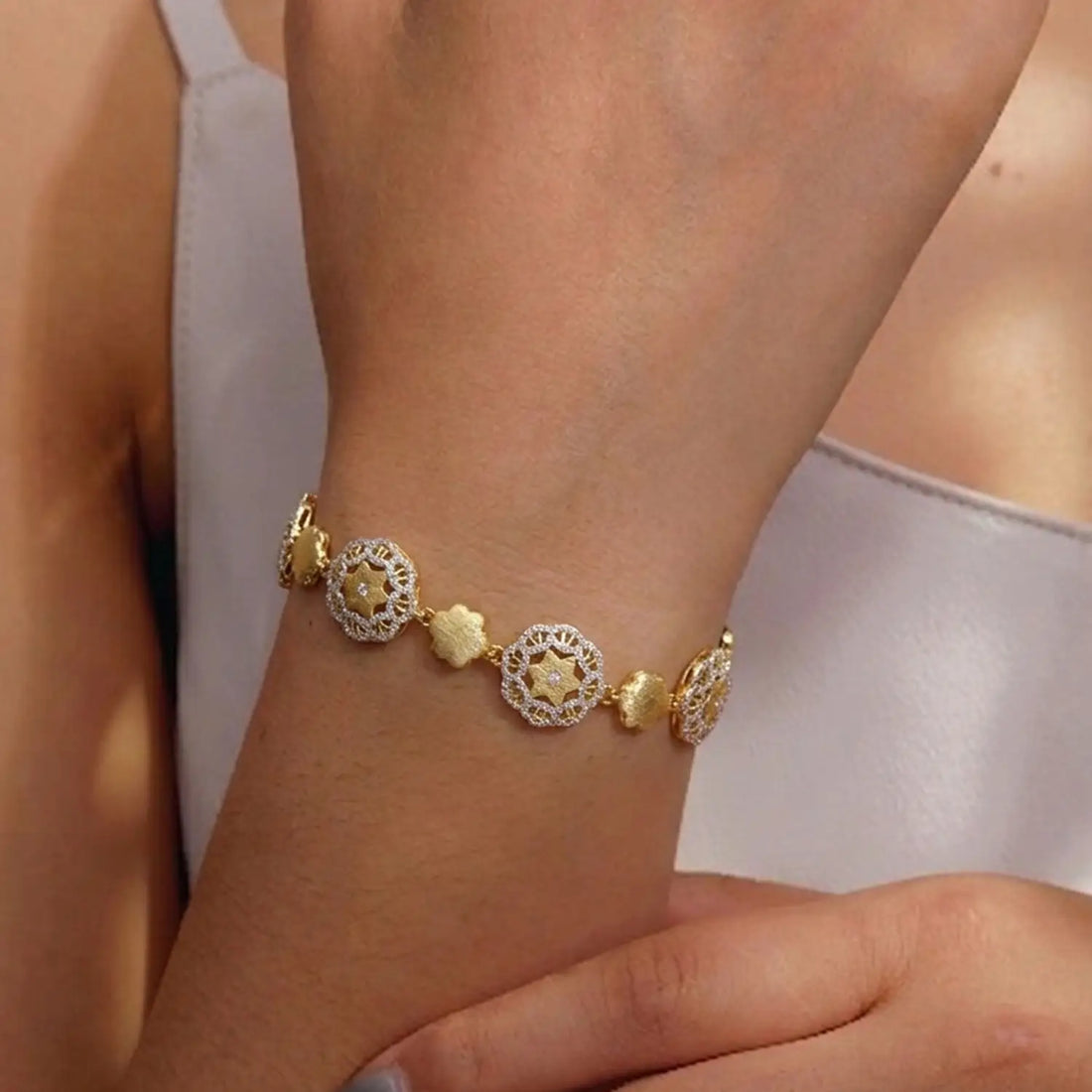 Gold Polish Silver Floral Charm Designer Bracelet - Made With Pure 925 Silver