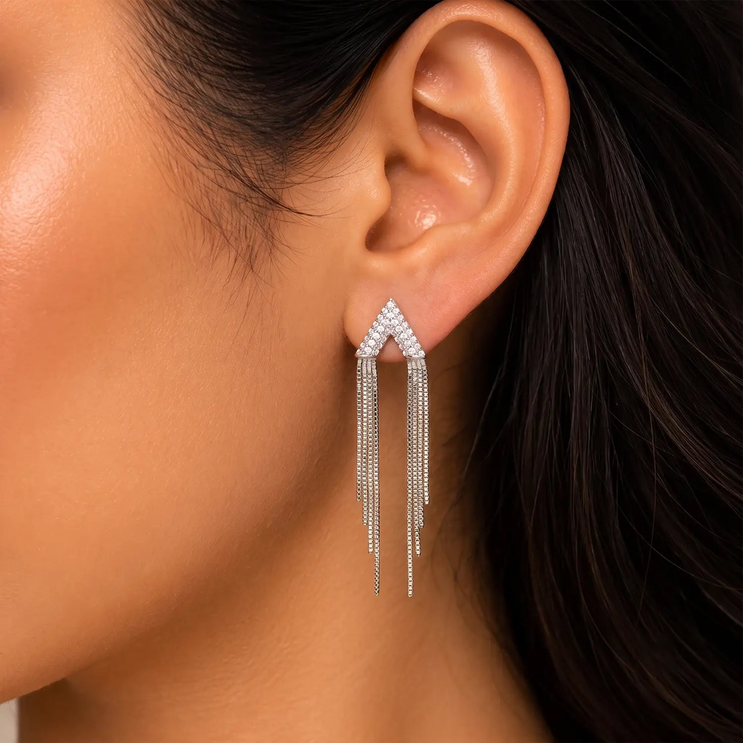 Sparkling V-Shaped Tassel Silver Earrings - Made With Pure 925 Silver