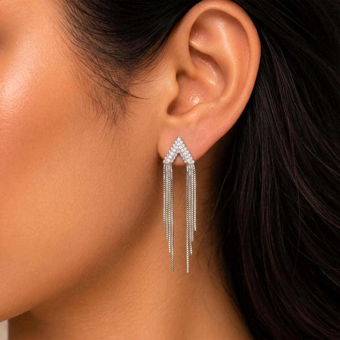 Sparkling V-Shaped Tassel Silver Earrings - Made With Pure 925 Silver