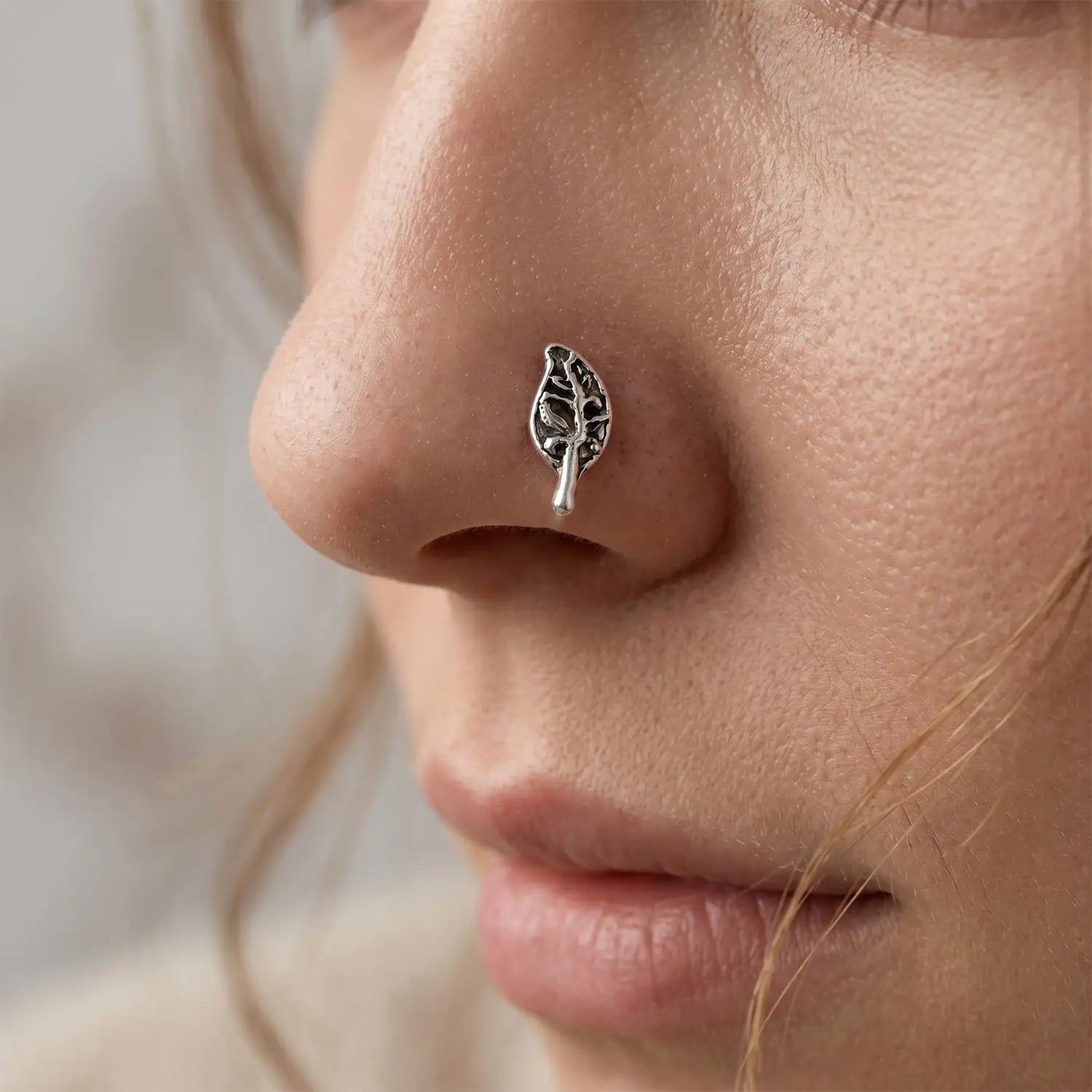 Oxidised Silver Leaf Motif Nose Pin- Made With Pure 925 Silver
