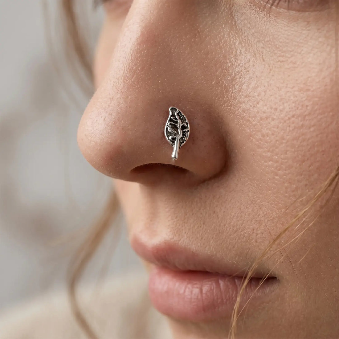 Oxidised Silver Leaf Motif Nose Pin- Made With Pure 925 Silver
