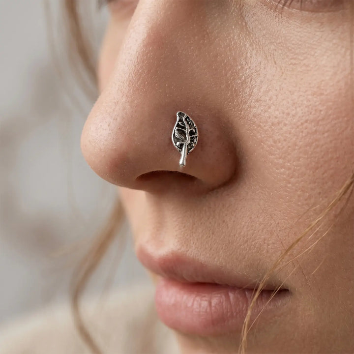 Oxidised Silver Leaf Motif Nose Pin- Made With Pure 925 Silver