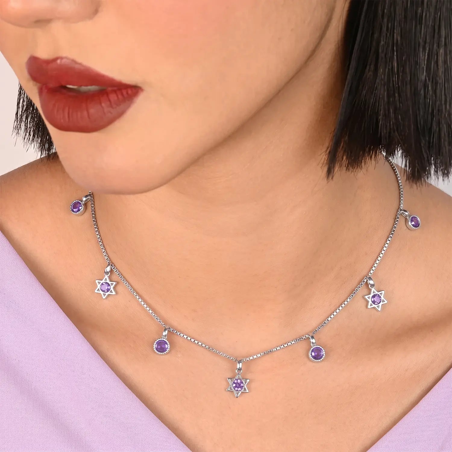 Purple Star & Round Stone Charm Silver Chain - Made With Pure 925 Silver
