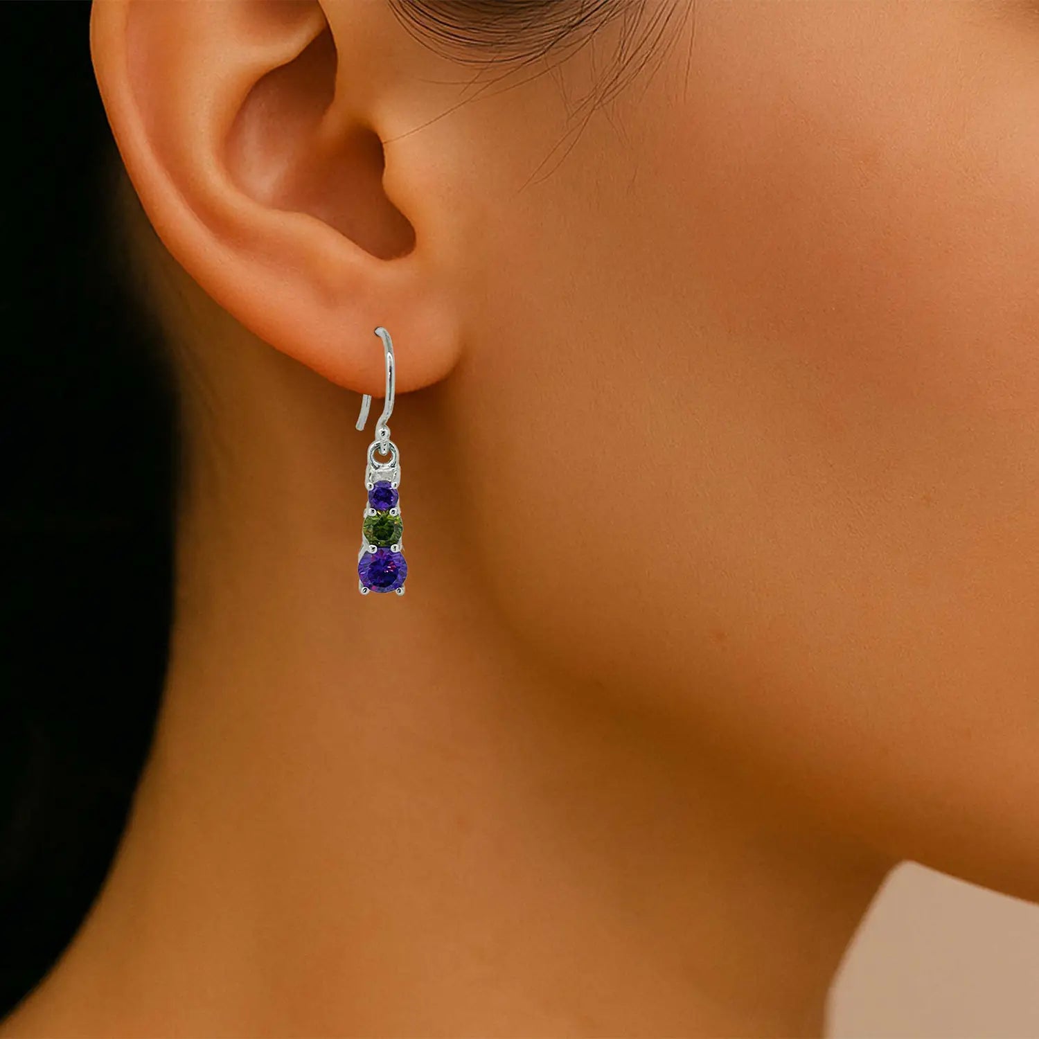 Pure Silver Drop Earrings with Amethyst & Peridot Accents- Made With Pure 925 Silver