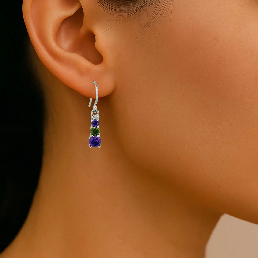 Pure Silver Drop Earrings with Amethyst & Peridot Accents- Made With Pure 925 Silver