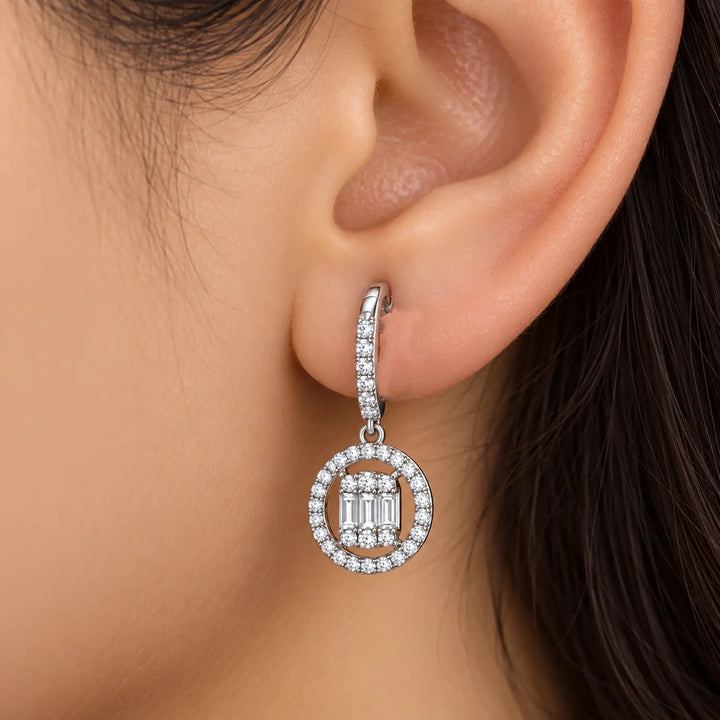 Elegant Round Crystal Halo Silver Drop Earrings - Made With Pure 925 Silver