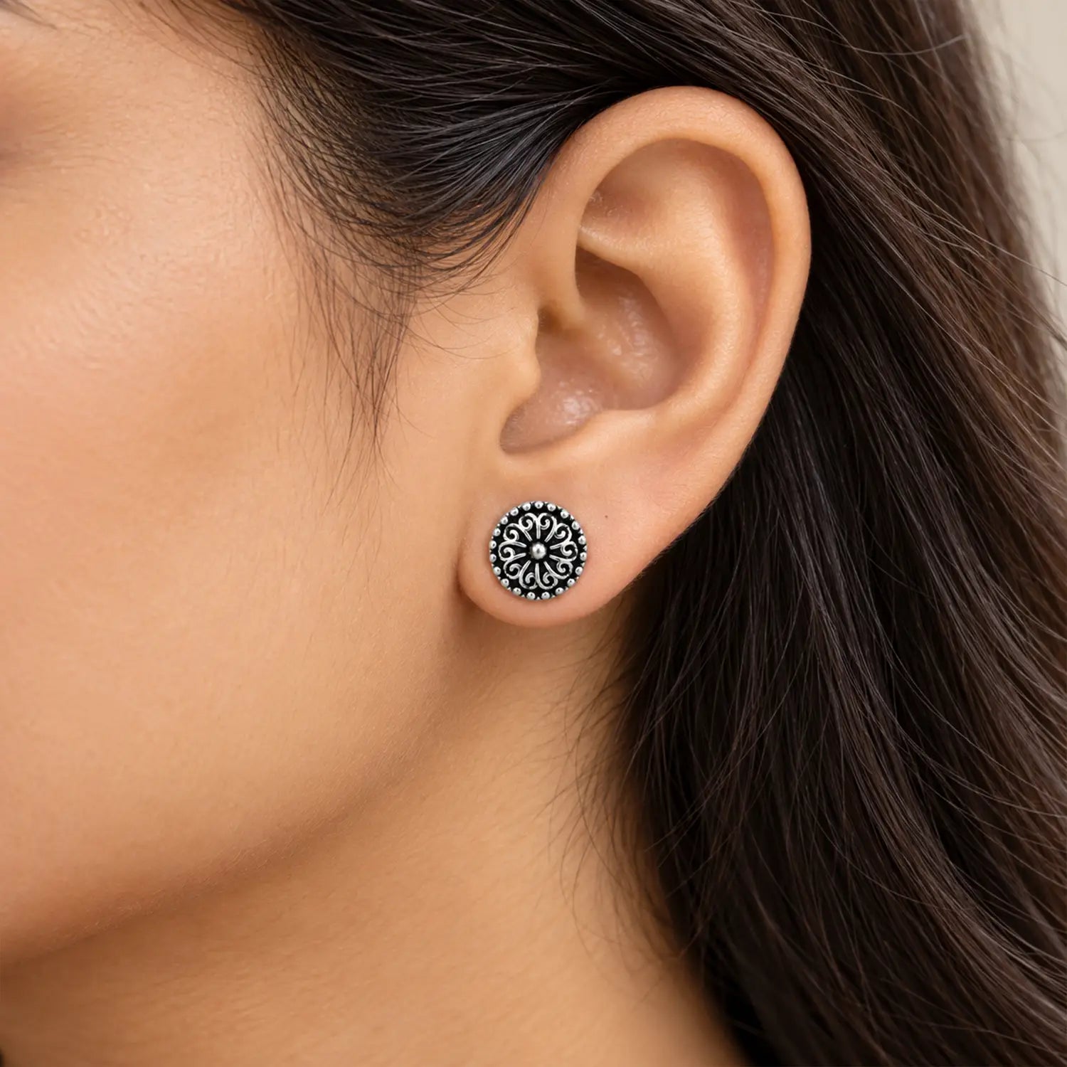 Vintage Mandala Oxidized Silver Stud Earrings - Made With Pure 925 Silver