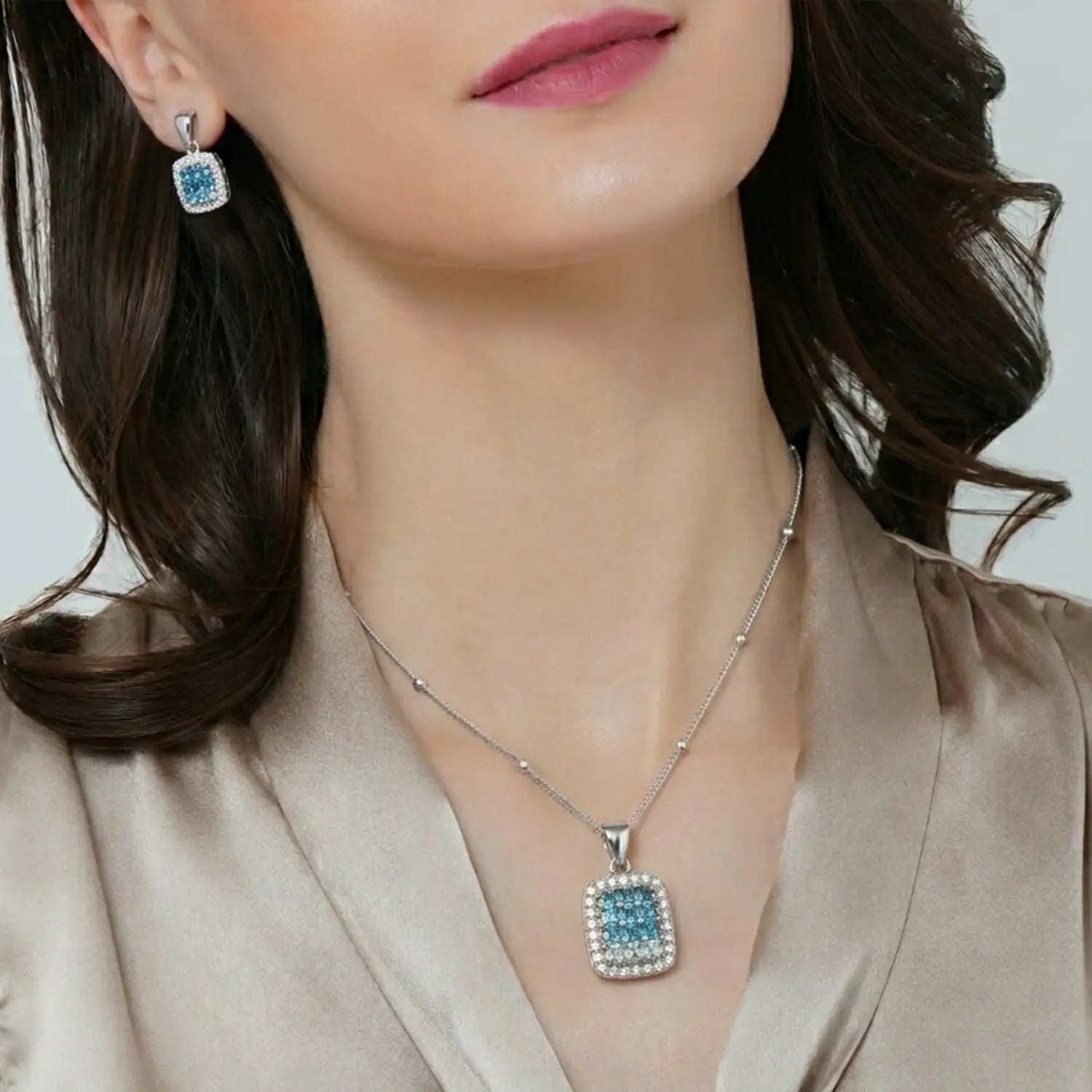 Elegant Pure Silver Blue CZ Square Pendant Set - Made With Pure 925 Silver