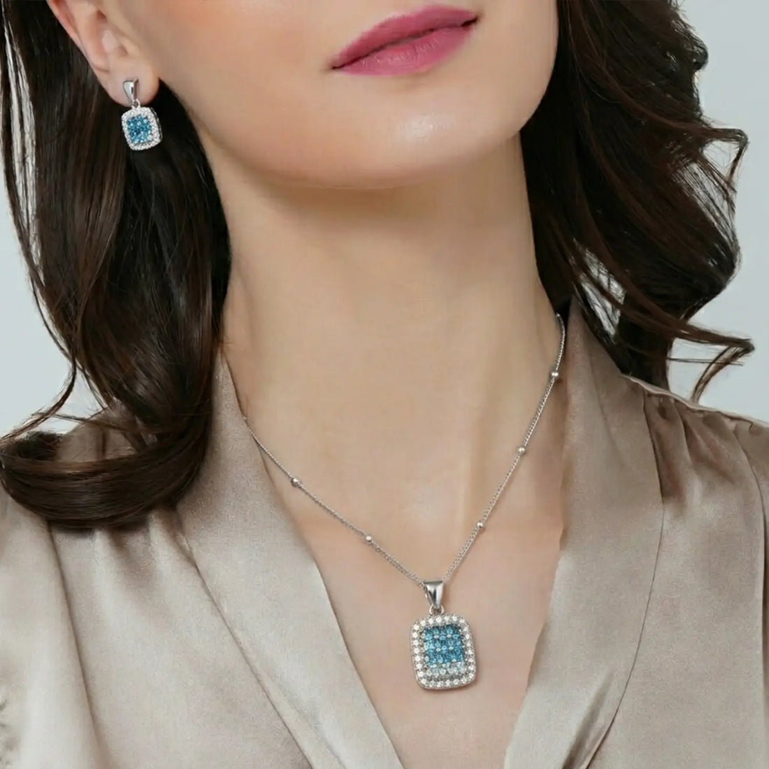 Elegant Pure Silver Blue CZ Square Pendant Set - Made With Pure 925 Silver