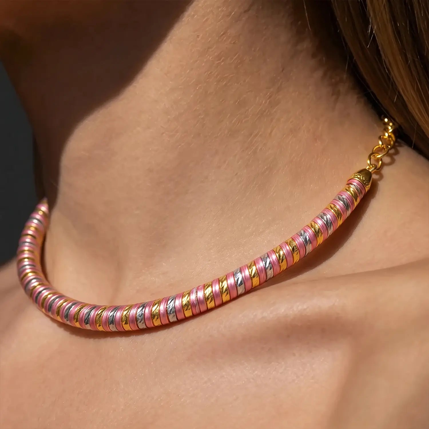 Pink & Gold Spiral Design Silver Necklace - Made With Pure 925 Silver