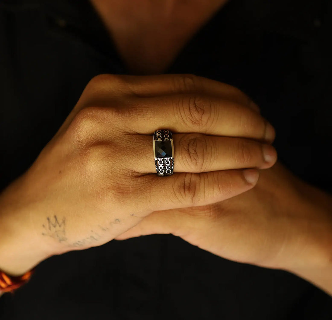 Oxidised Silver Ring with & Black Stone - Made With Pure 925 Silver