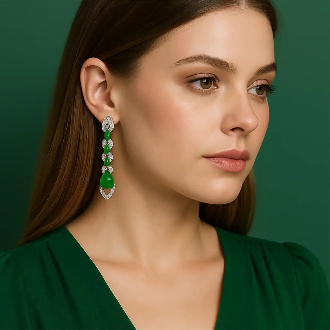 Elegant Silver & Green Stone Dangle Earrings- Made With Pure 925 Silver