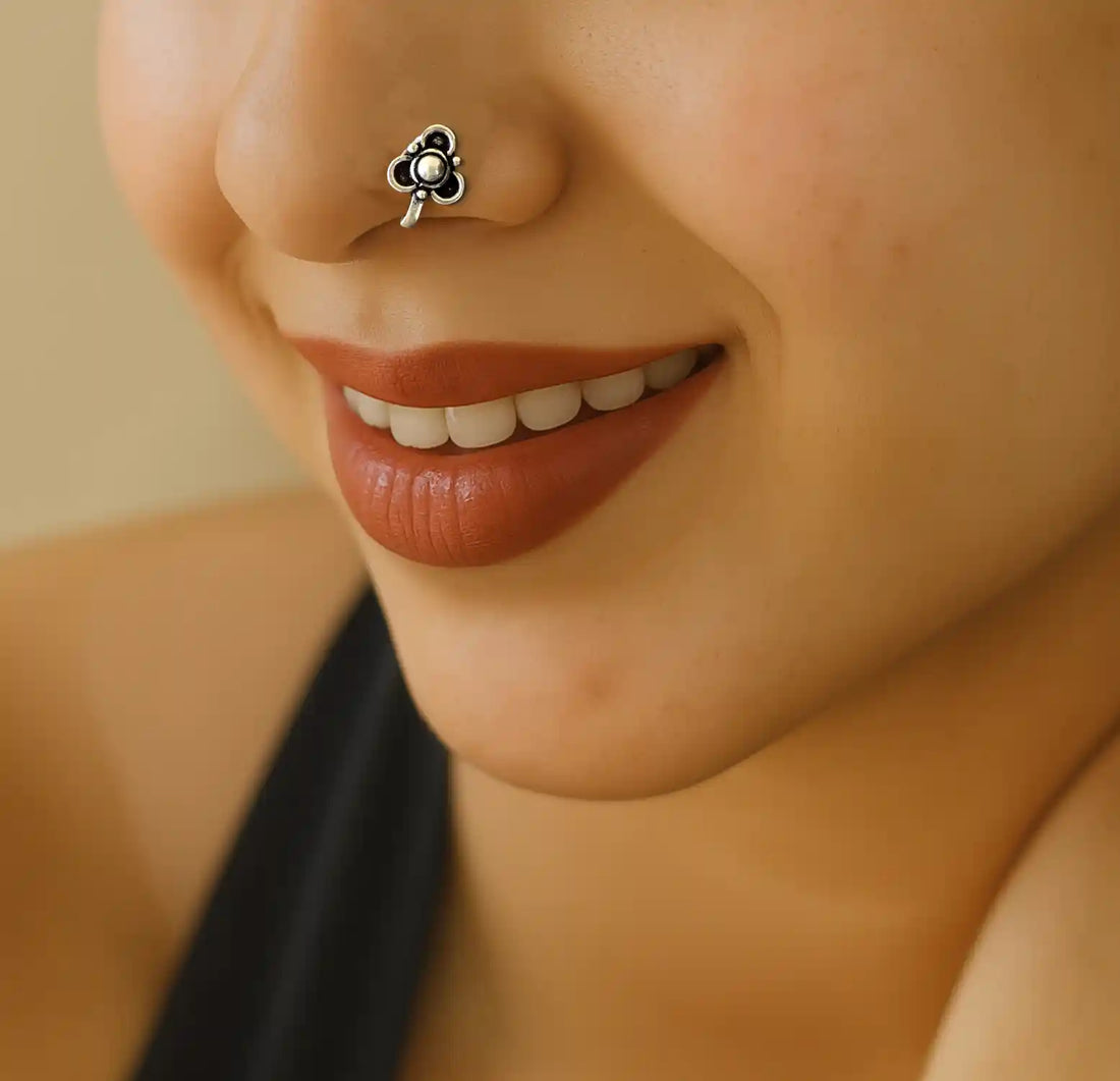 Tribal Trillium Oxidised Silver Nose Pin- Made With Pure 925 Silver